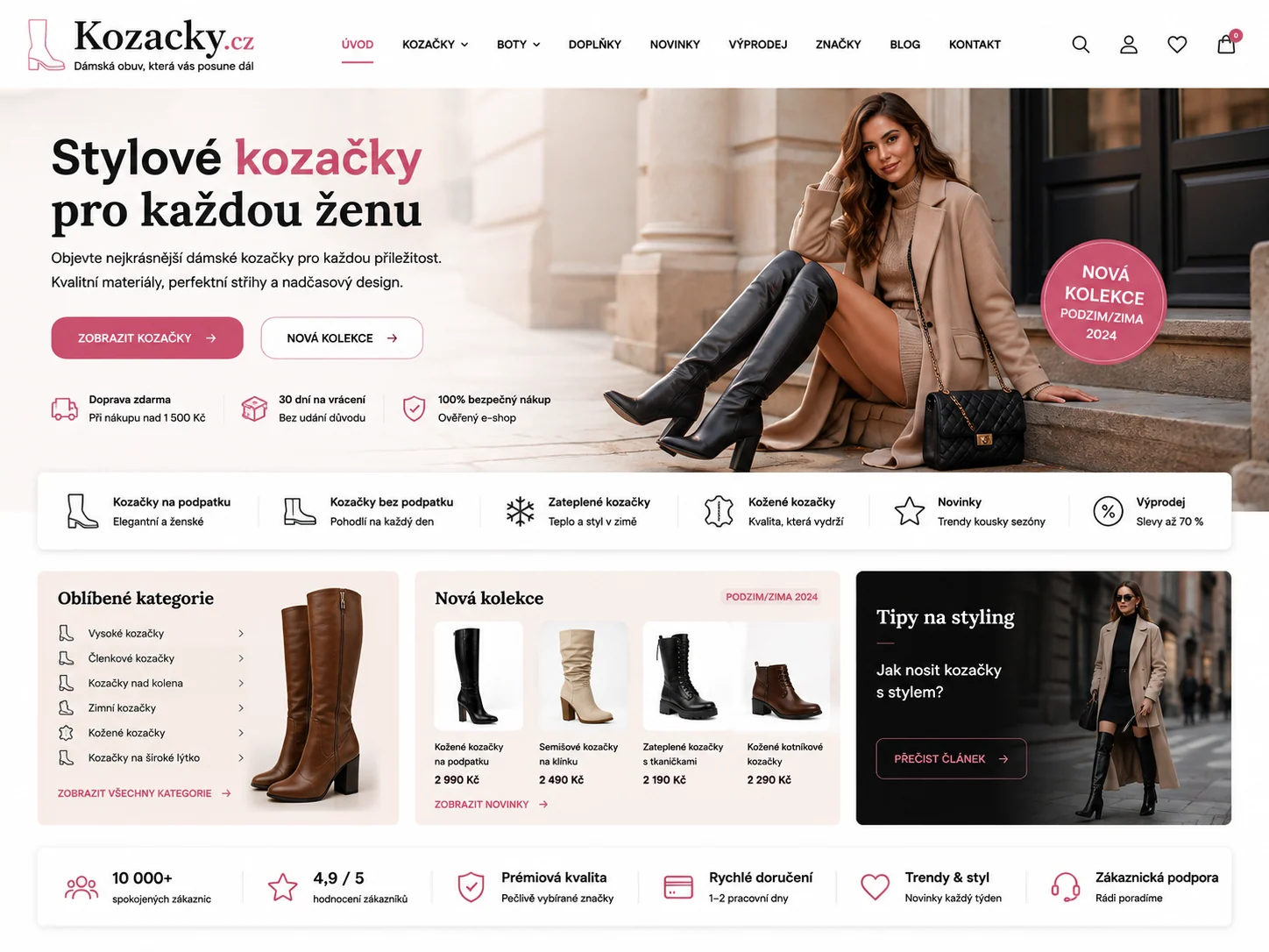 Ilustrační návrh e-shopu Kozacky.cz s kategoriemi, kolekcí kozaček a tipy na styling